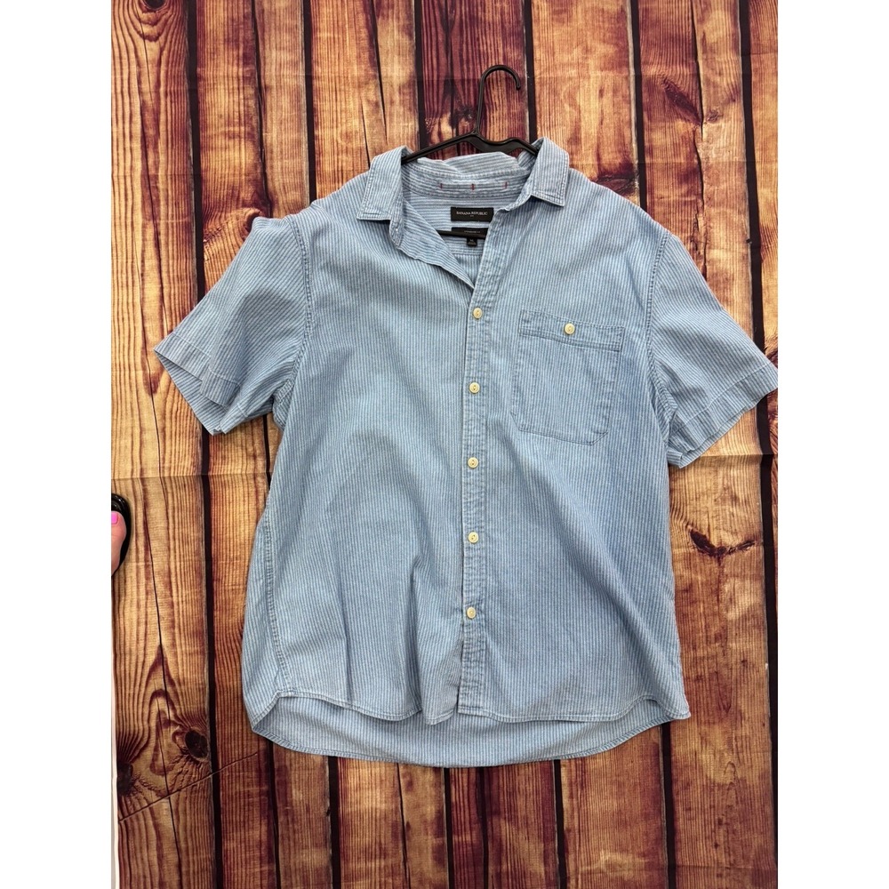Banana Republic Men's Blue/White Striped Cotton Chambray Button-Up SS XL Reg